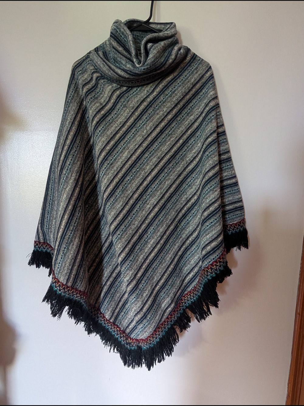Striped Turtleneck Poncho in Gray and Teal with Fringe